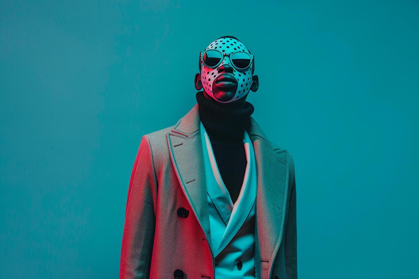 Handsome Model in Casual Overcoat with Neon Teal Sneaker Mask and Neon Blue Background Fashionable portrait photo