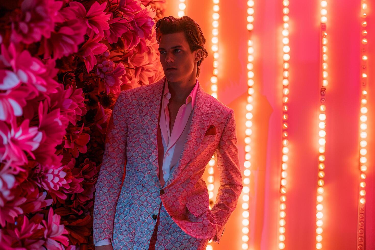 Trendy Model in patterned Suit with Neon Coral Background Modern Look photo