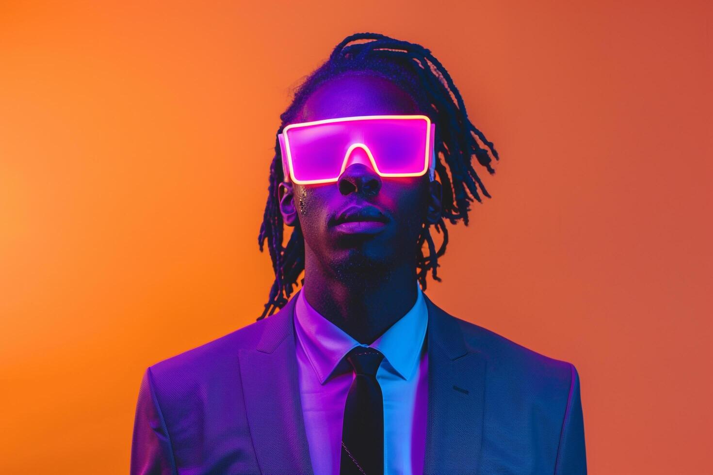 Trendy Model in Classic Suit with Neon purple Sneaker Mask and Neon Coral Background Stylish portrait photo