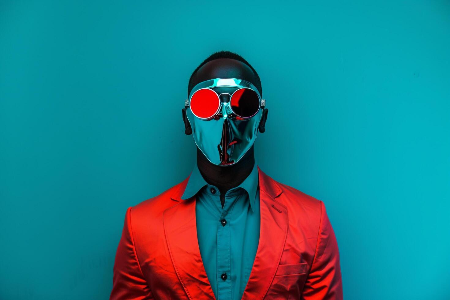 Handsome Model in Trendy Suit with Males Fashion Face Mask and Neon Teal Background Chic portrait photo