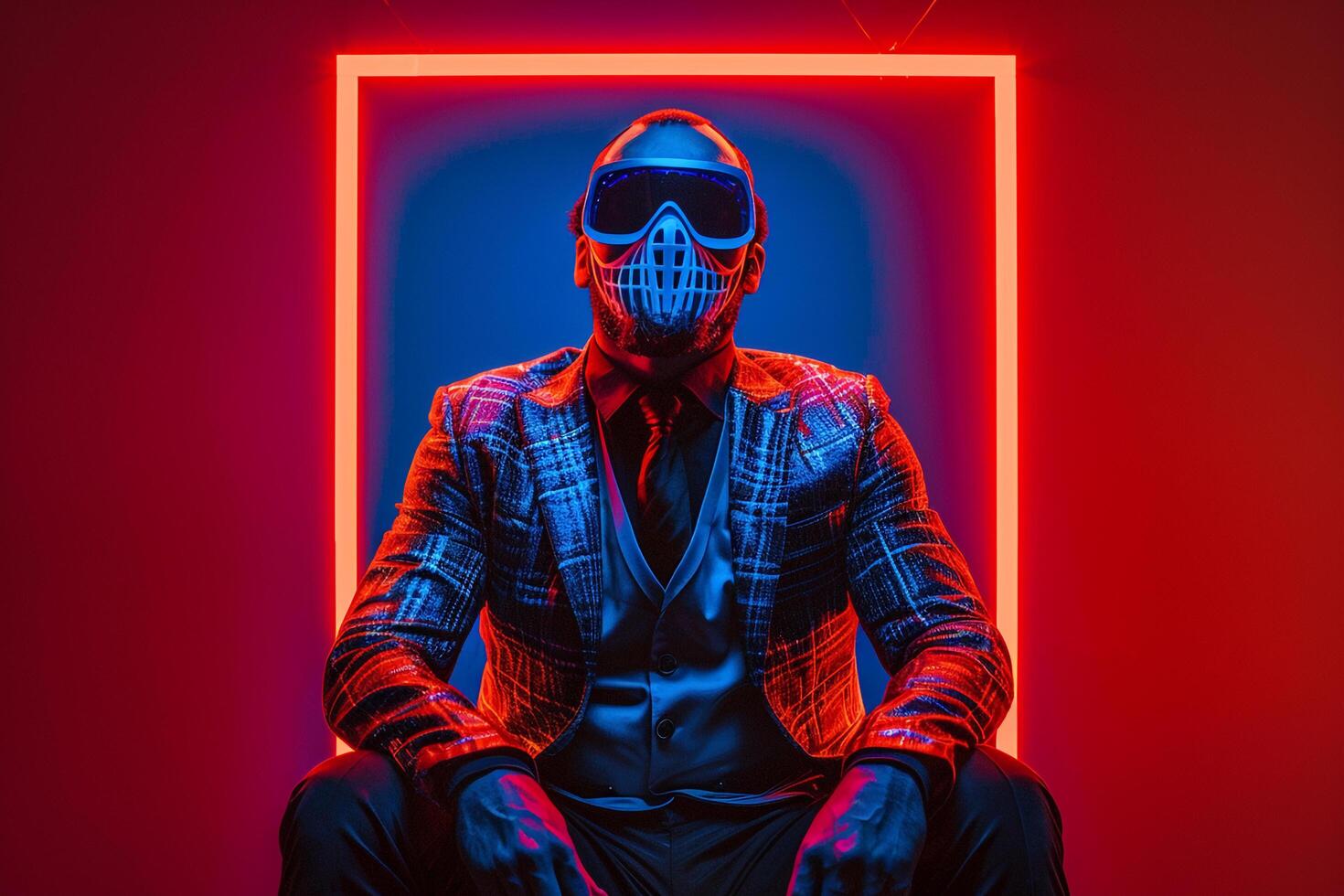 Handsome Fashion Model in Casual Blazer with Neon Blue Ski Mask and Neon Coral Background Trendy portrait photo
