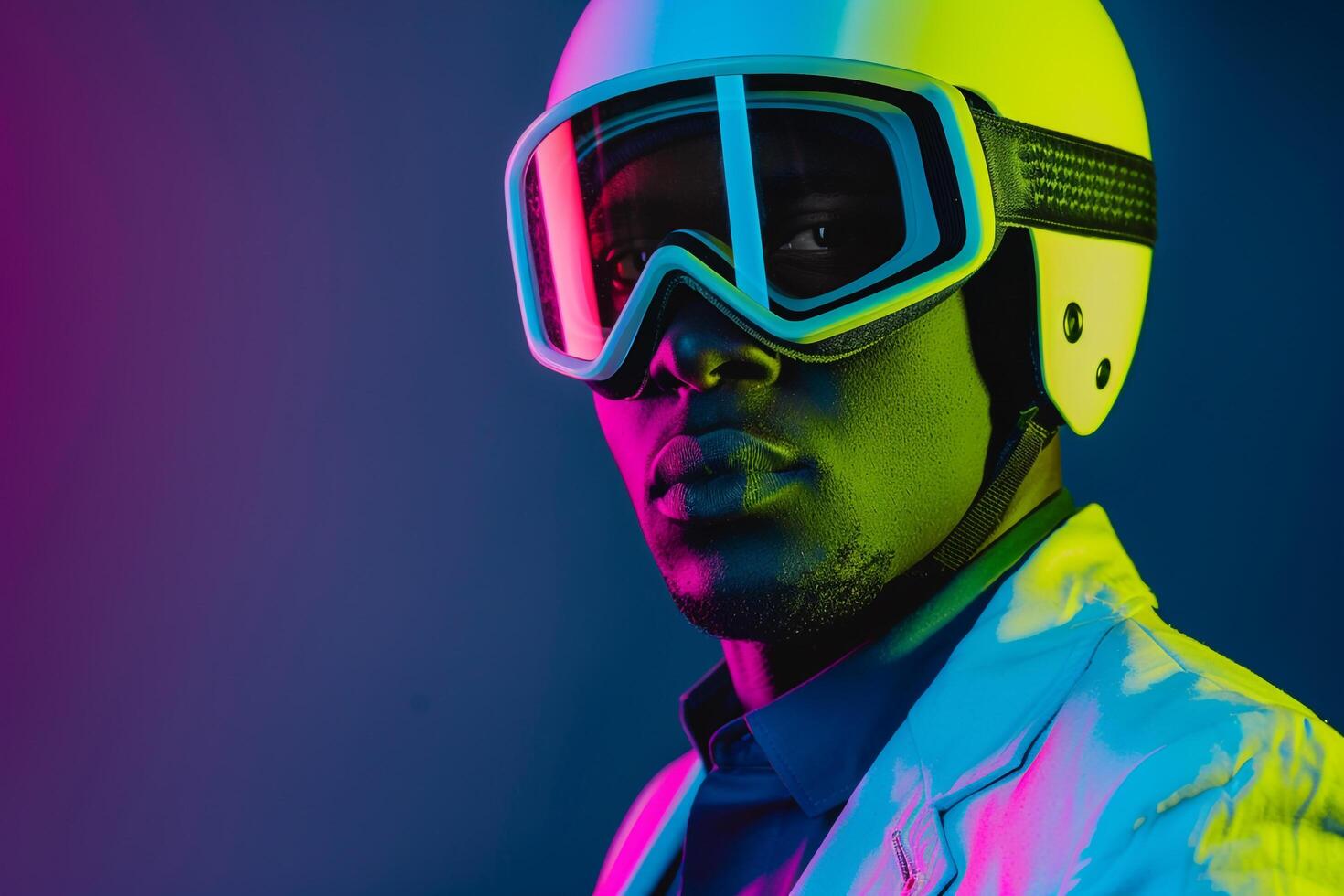 Trendy Fashion Model in Blazer with Neon Green Ski Mask and Neon Blue Background Stylish portrait photo