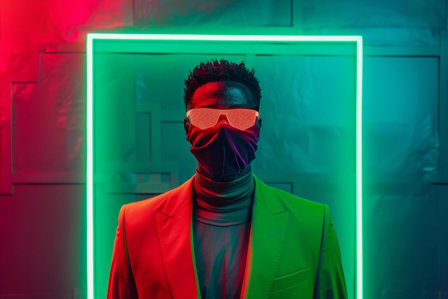 Handsome Fashion Model in Trendy Blazer with Neon Red Sneaker Mask and Neon Green Background Chic portrait photo