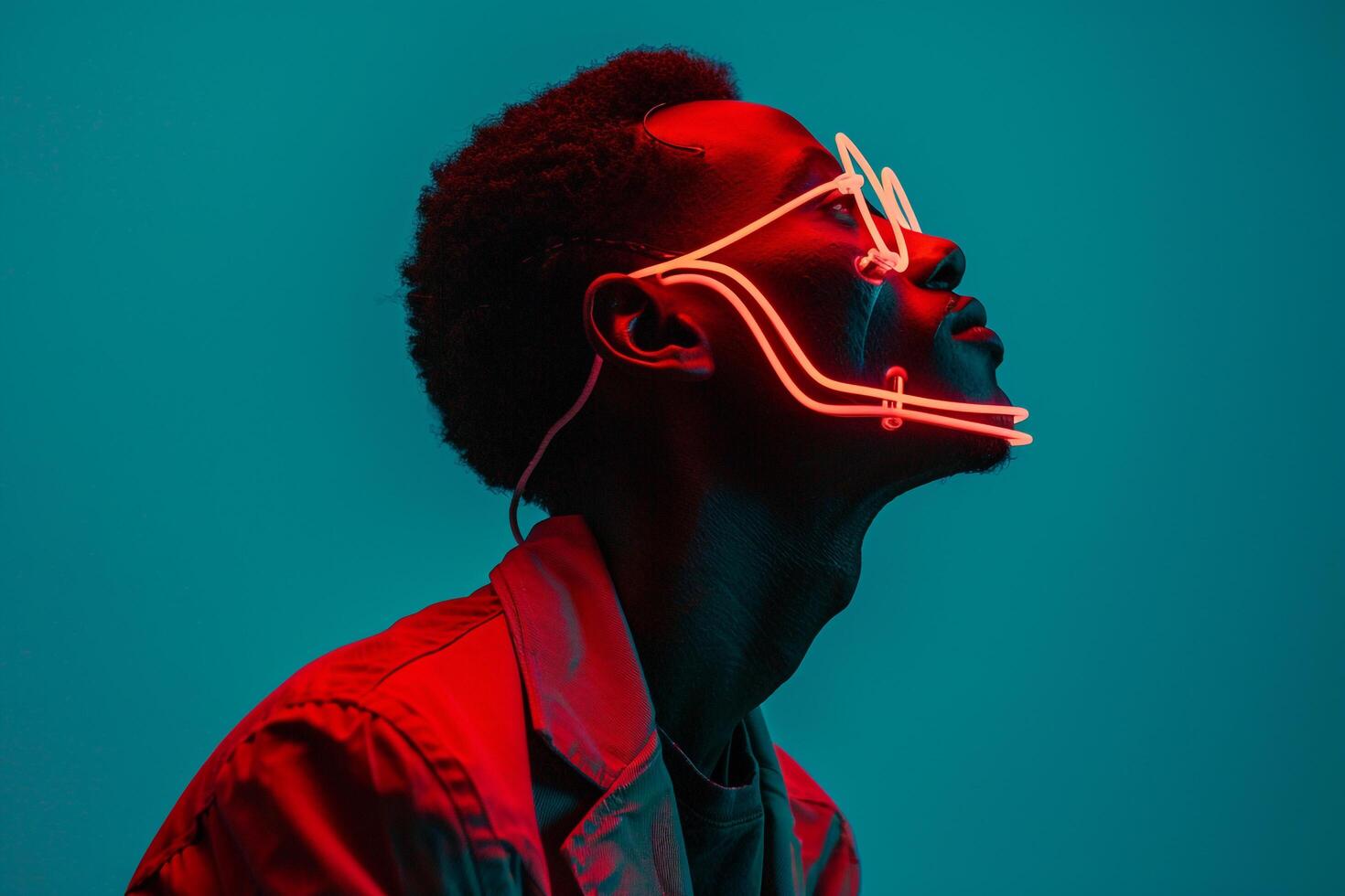 Stylish Model in Trendy Blazer with Neon Red Sneaker Mask and Neon Green Background Fashionable portrait photo
