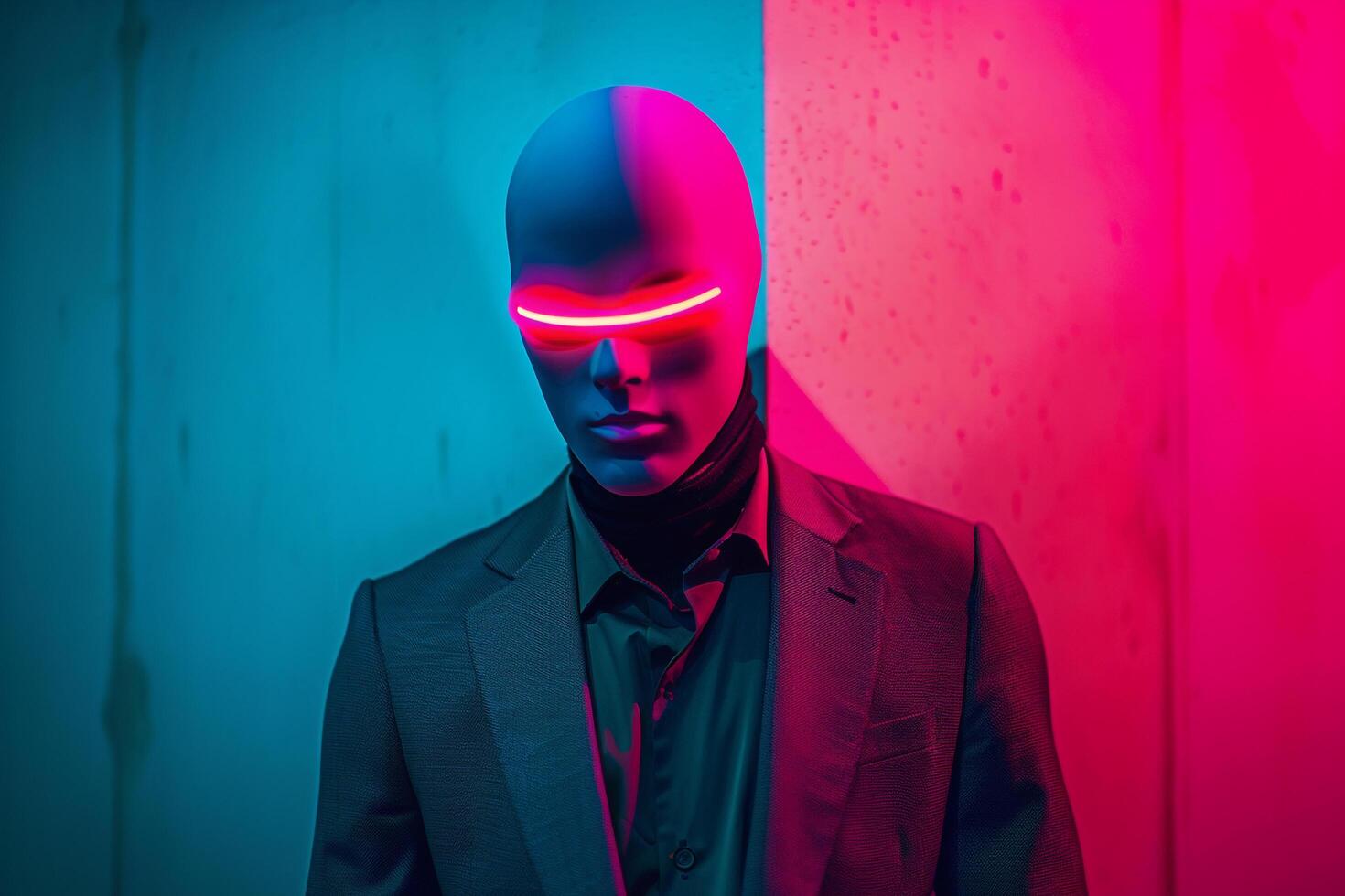 Handsome Fashion Model in Trendy Suit with Neon pink Ski Mask and Neon Teal Background Stylish Lifestyle portrait photo