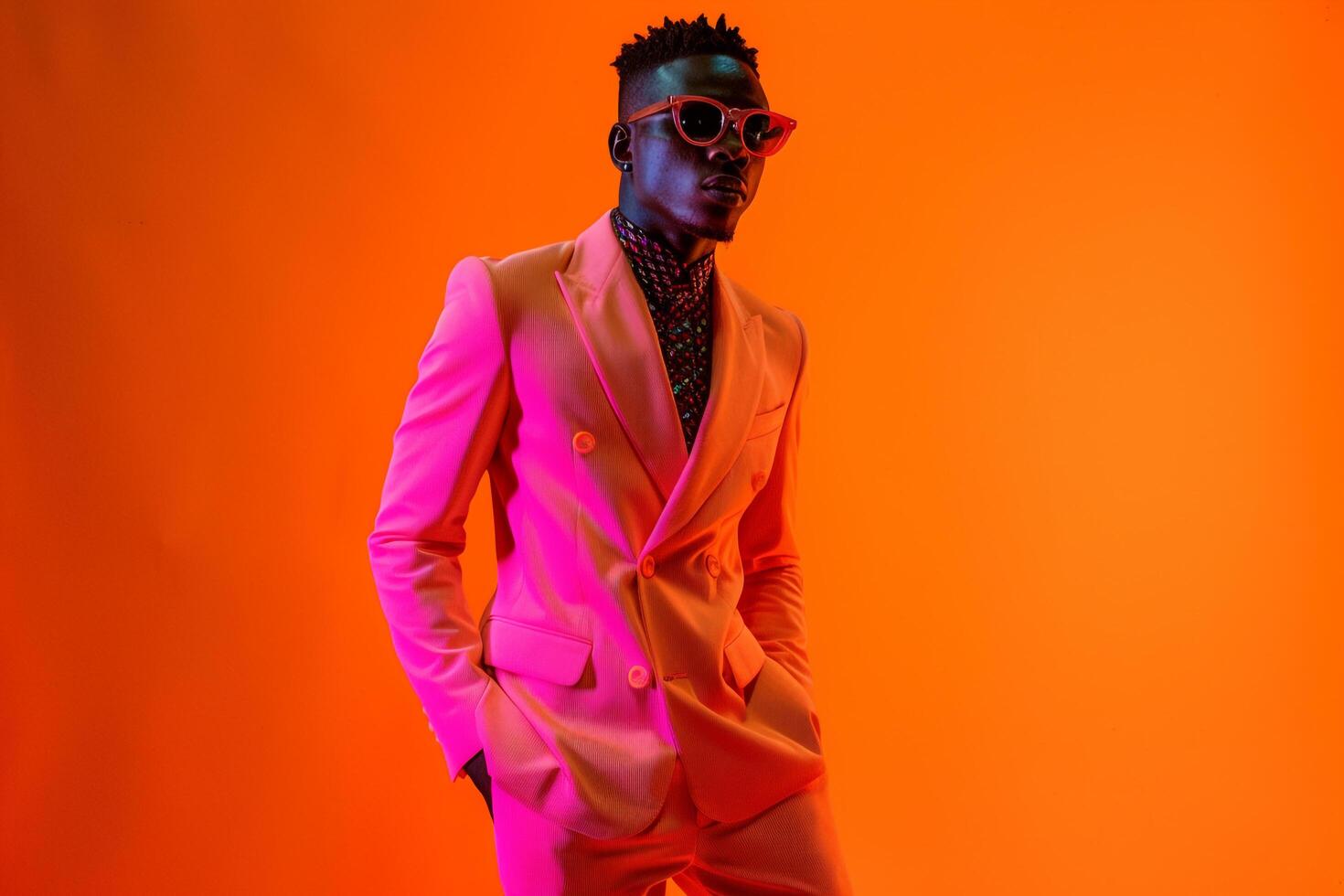 Casual Suit Fashion Model with Neon Orange Background Stylish portrait of Handsome Male photo