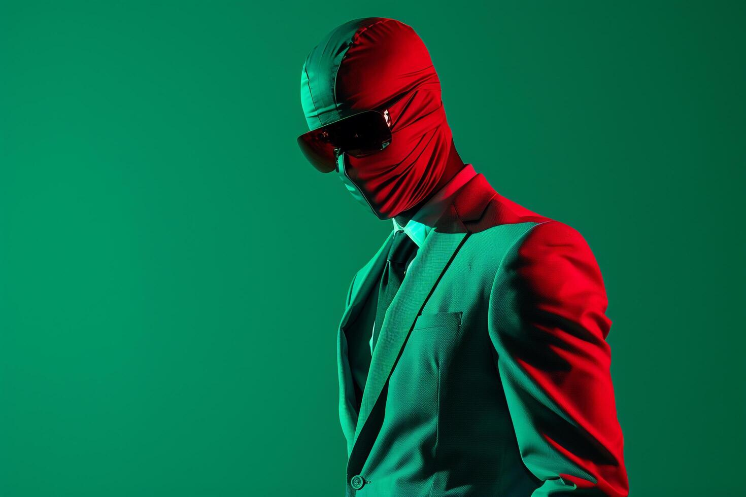 Handsome Fashion Model in Casual Suit with Neon Red Ski Mask and Neon Green Background Trendy Lifestyle portrait photo
