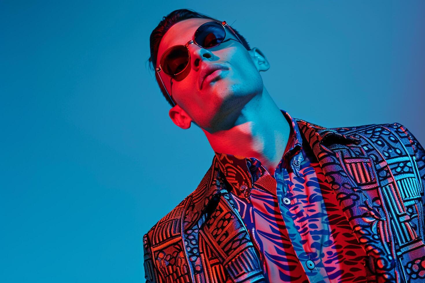 Handsome Fashion Model in patterned Jacket with Neon Blue Background Stylish Lifestyle Focus photo