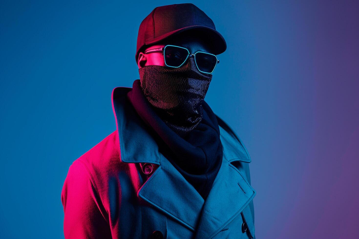 Fashion Model in Trendy Suit with Neon pink Sneaker Mask and Neon Green Background Modern Lifestyle portrait photo