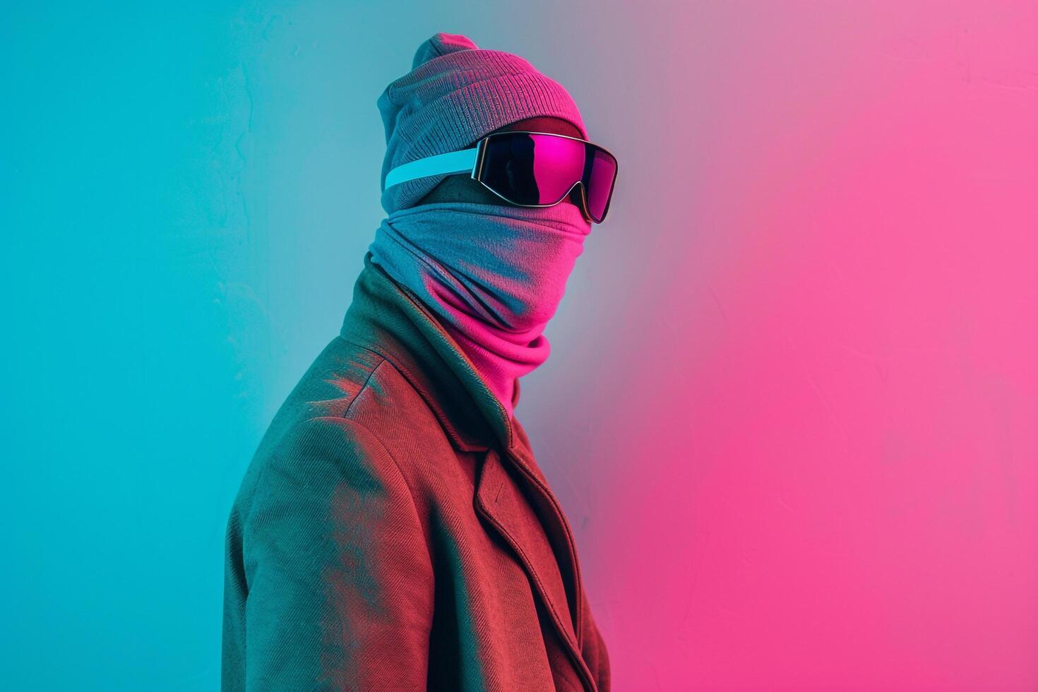 Fashion Model in Trendy Suit with Neon Blue Ski Mask and Neon Yellow Background Stylish Lifestyle Focus photo