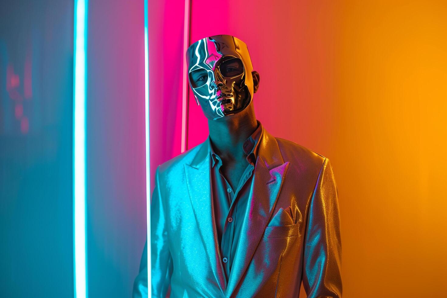 Trendy Fashion Model in Sleek Blazer with Neon Aqua Face Mask High Style Males portrait against a Stylish Background photo