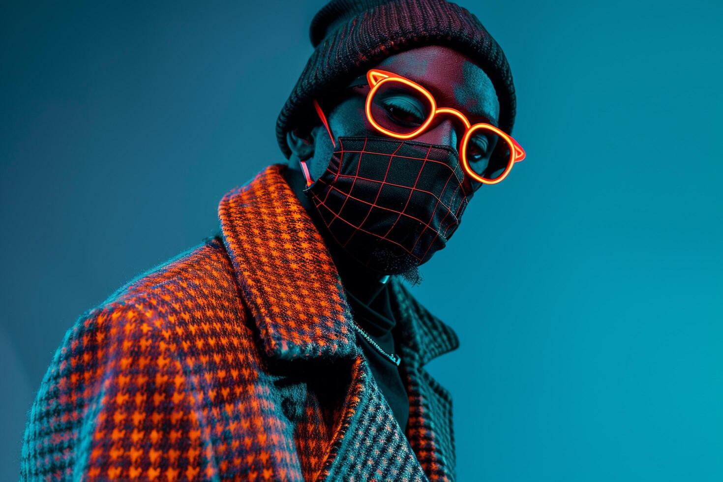 Trendy Overcoat Fashion Model with Neon Black Sneaker Mask High end Males portrait with Blue Neon Accents photo