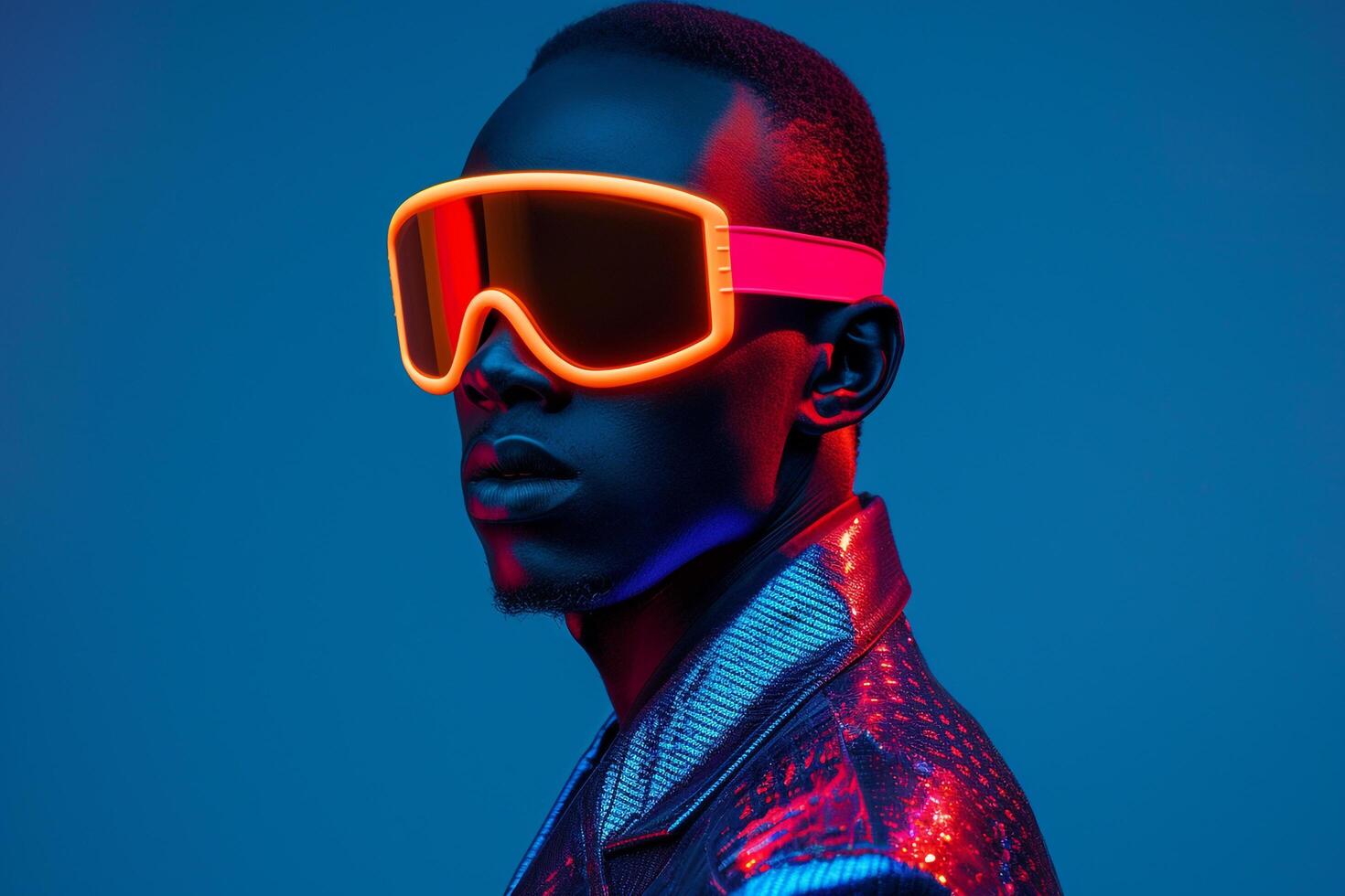 Casual Blazer Fashion Model with Neon Red Ski Mask High end Males portrait Against a Blue Neon Background photo