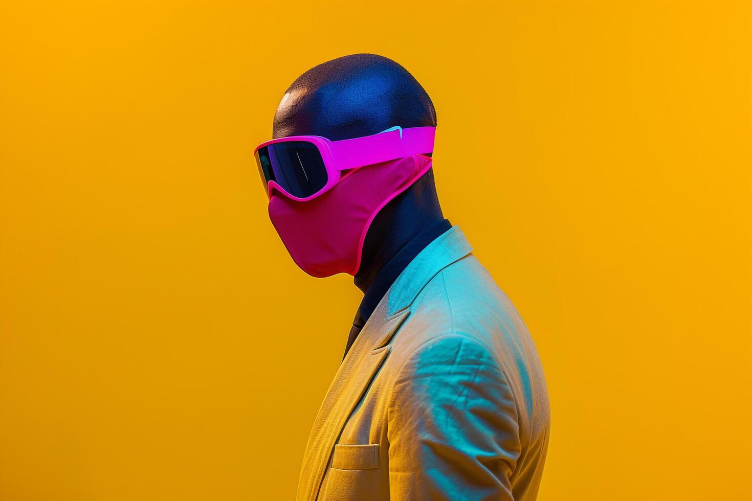 Trendy Blazer Fashion Model with Neon pink Ski Mask Stylish Males portrait with Vibrant Yellow Neon Accents photo