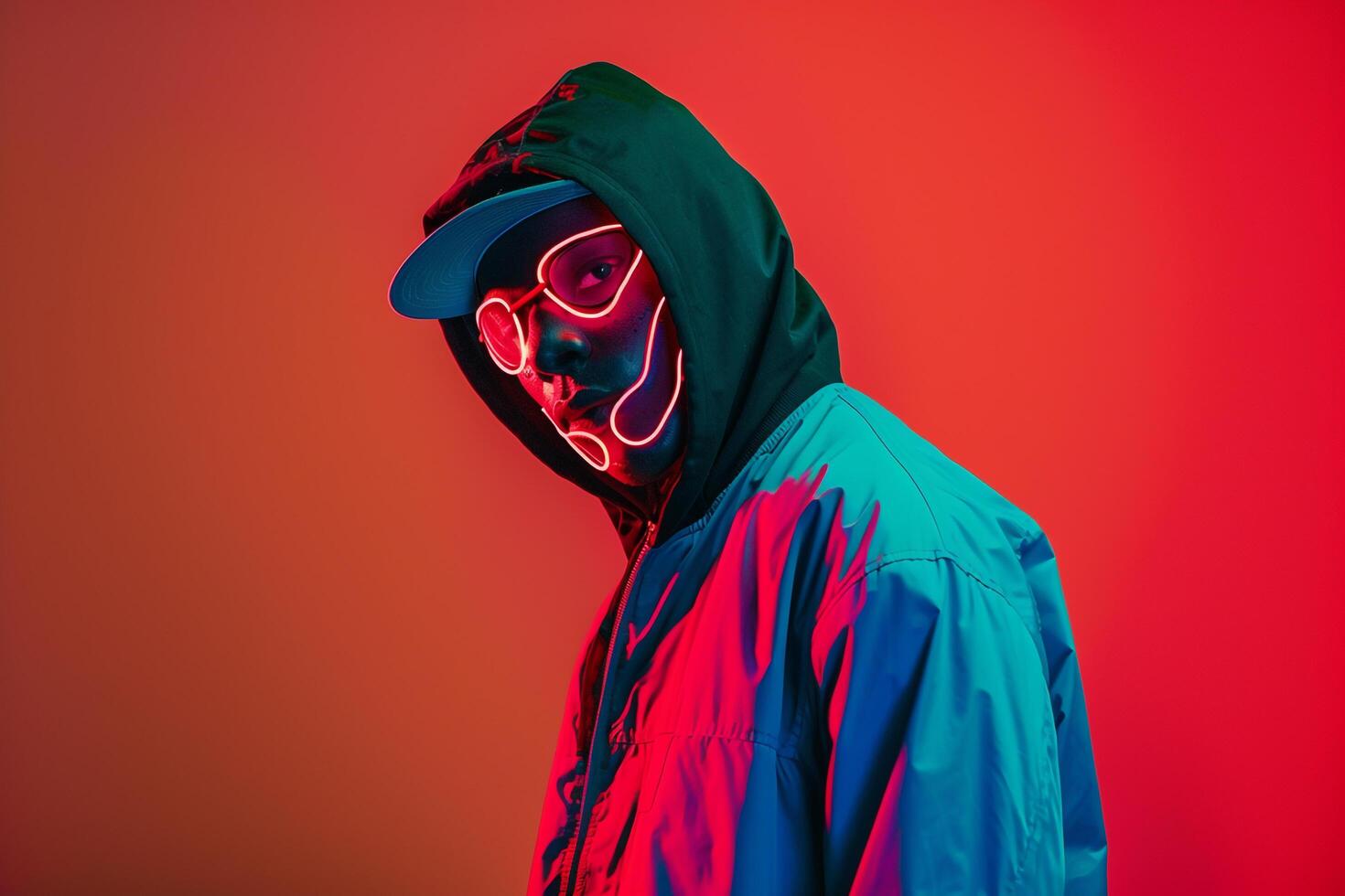 Fashion Model in Trendy Jacket with Neon Red Sneaker Mask High end Males portrait Featuring a Green Neon Background photo
