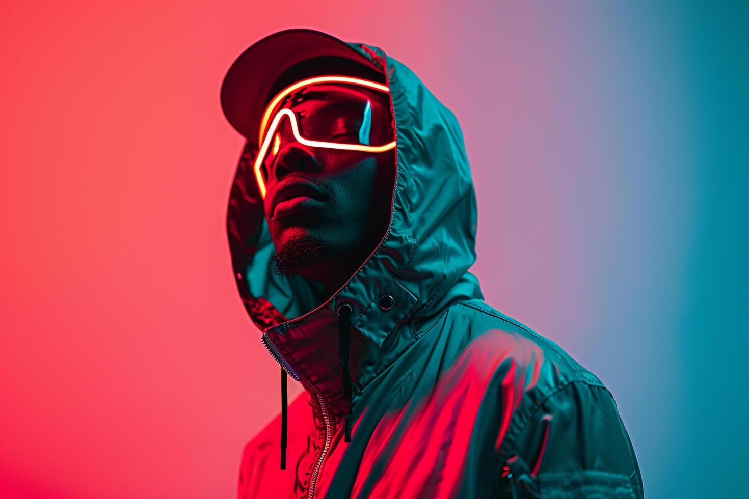 High end Fashion Model in Trendy Jacket with Neon Red Sneaker Mask and Neon Green Background Stylish Males portrait photo