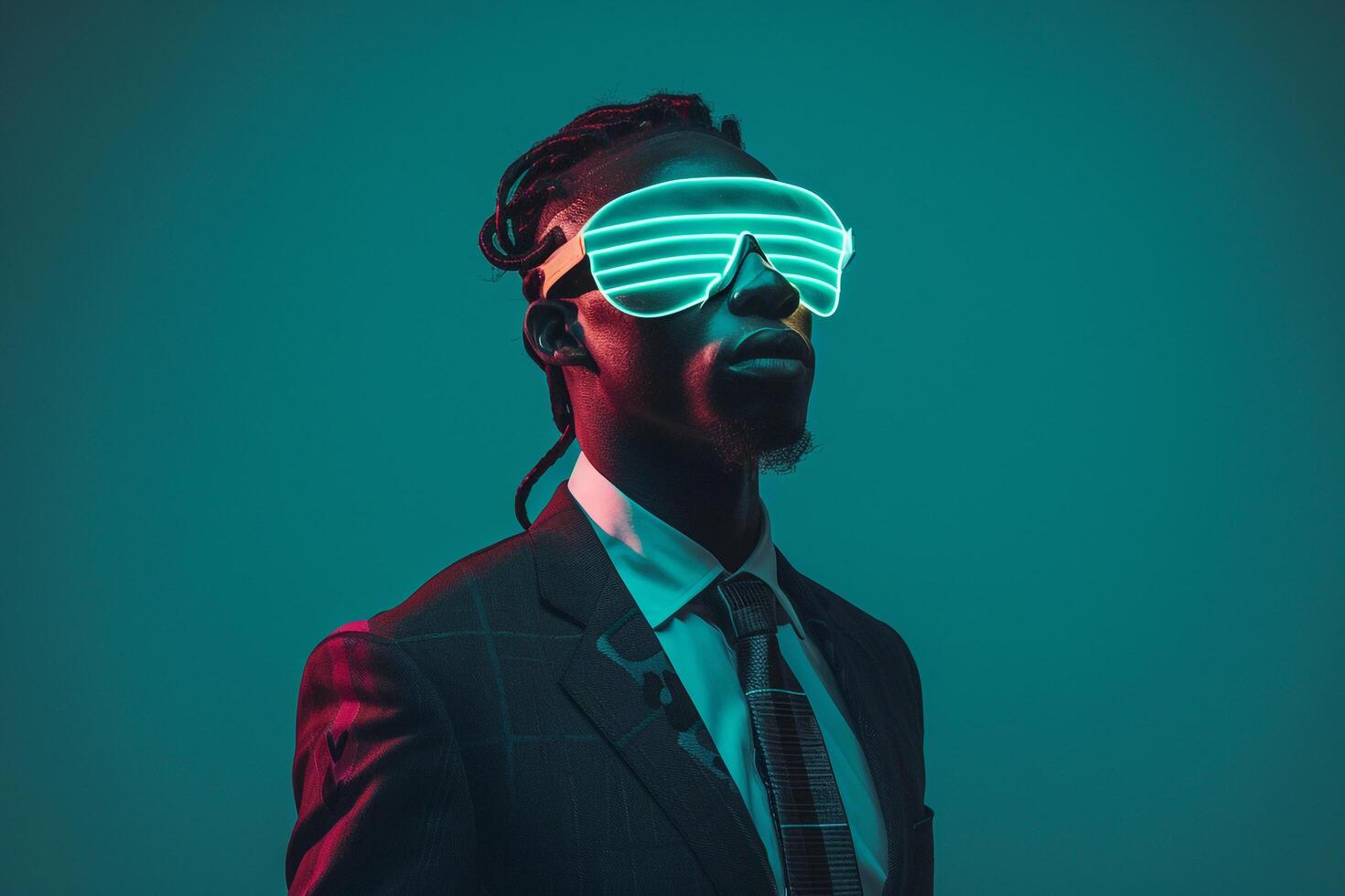 Trendy Suit in Male Fashion with Neon Teal Sneaker Mask and Neon Green portrait Lifestyle Background photo