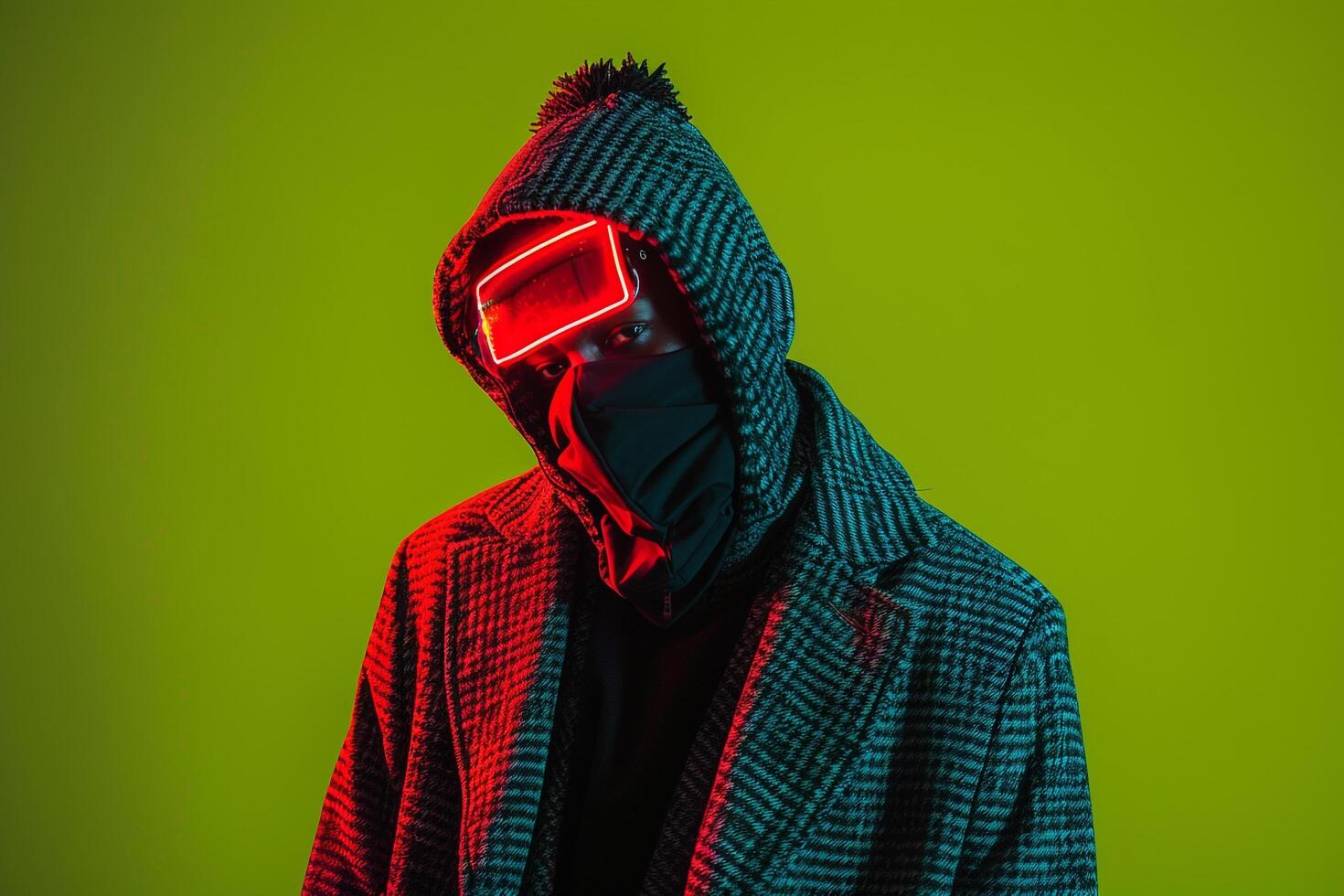 Male Fashion in Trendy Overcoat Featuring Neon Red Ski Mask and Neon Green portrait Lifestyle Background photo