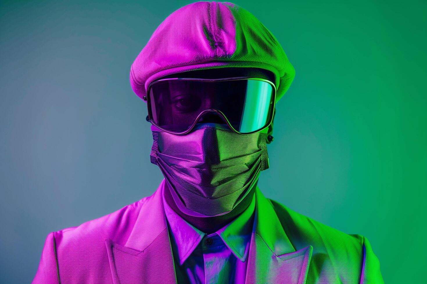Male Fashion Model in Trendy Blazer with Neon purple Ski Mask and Neon Green Lifestyle portrait Background photo