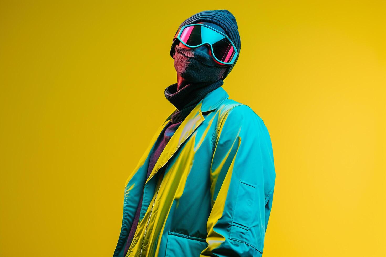 Neon Yellow Lifestyle portrait Background Featuring Male Fashion Model in Trendy Blazer with Neon Black Ski Mask photo