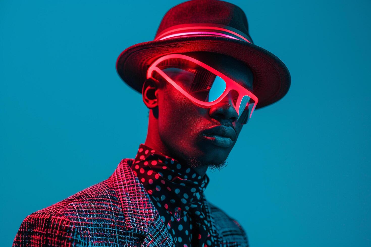 Male Fashion Model in Casual Blazer with Neon Red Ski Mask and Neon Blue Lifestyle portrait Background photo