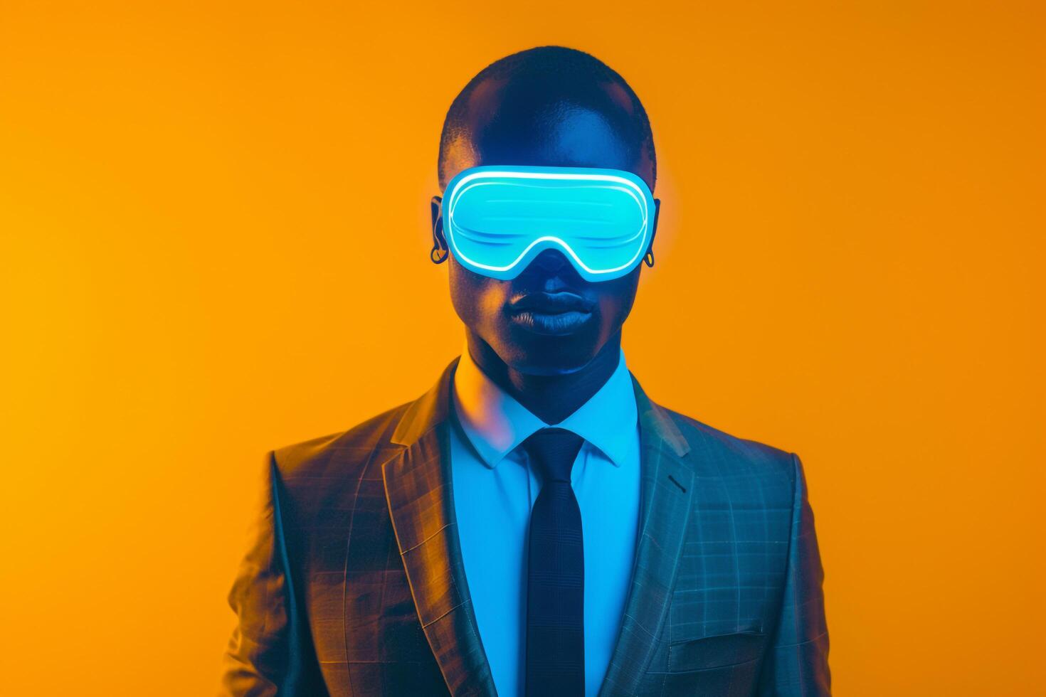 Neon Blue Ski Mask and Casual Suit Male Fashion Model with Neon Yellow Lifestyle portrait Background photo