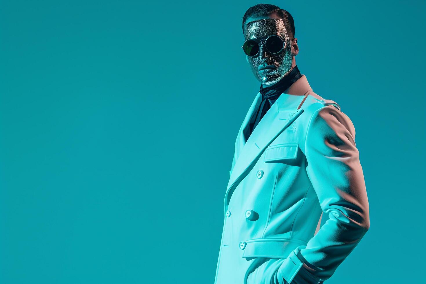 Male Fashion Model in Casual Overcoat with Fashion Face Mask and Neon Teal Lifestyle portrait Background photo