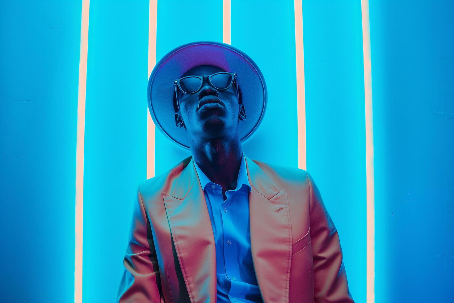 Male Fashion Model in Neon Blue Casual Suit with Neon Blue Lifestyle portrait Background photo