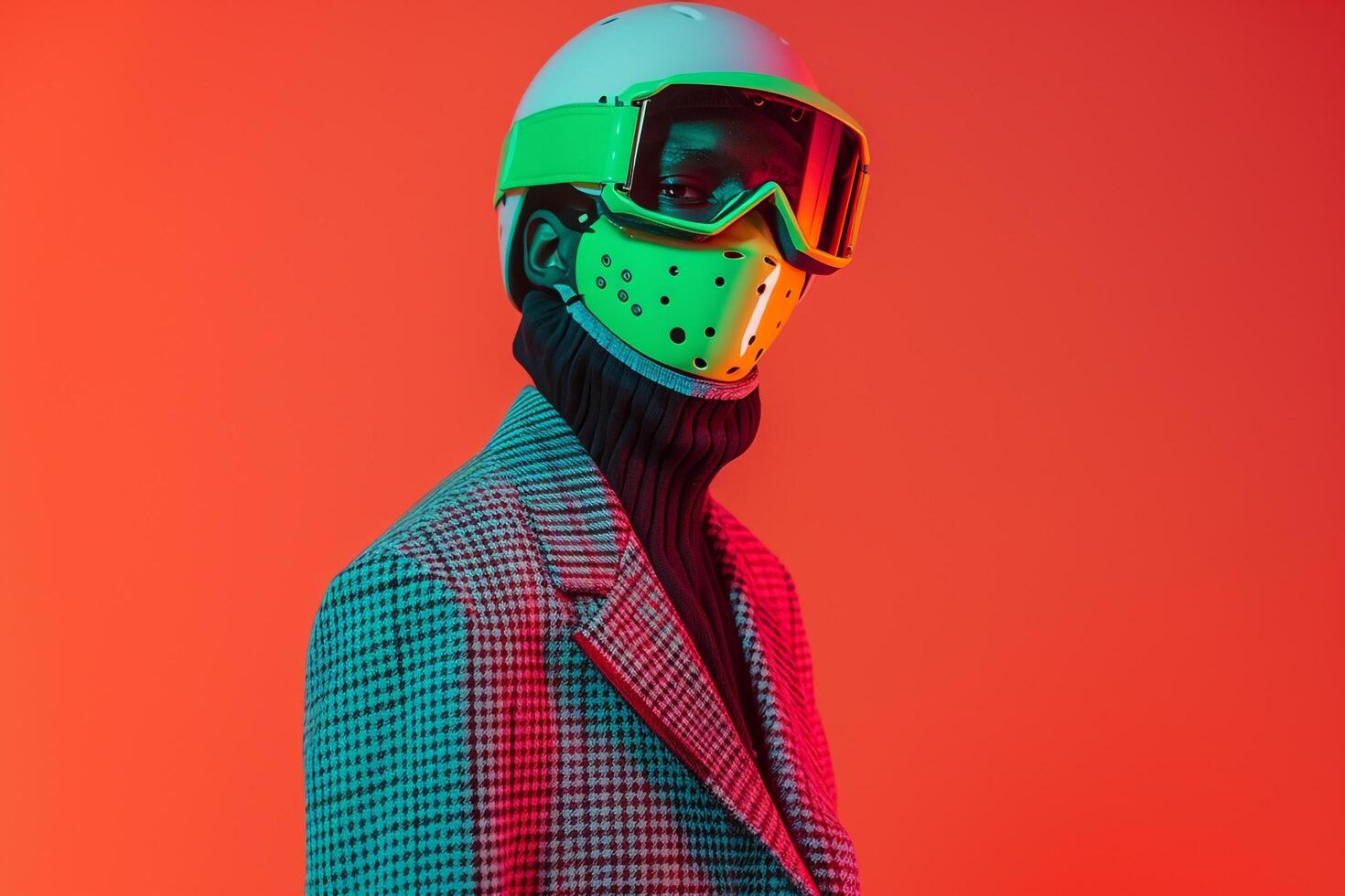 Male Fashion Model in Trendy Blazer with Neon Green Ski Mask and Neon Orange Lifestyle portrait Background photo