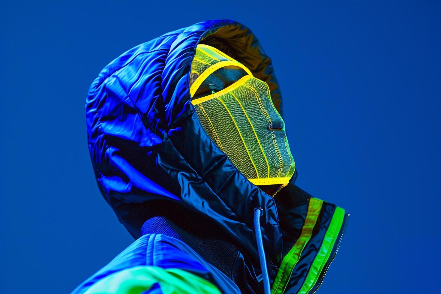 Neon Yellow Sneaker Mask and Casual Jacket Male Fashion Model with Neon Blue Lifestyle portrait Background photo
