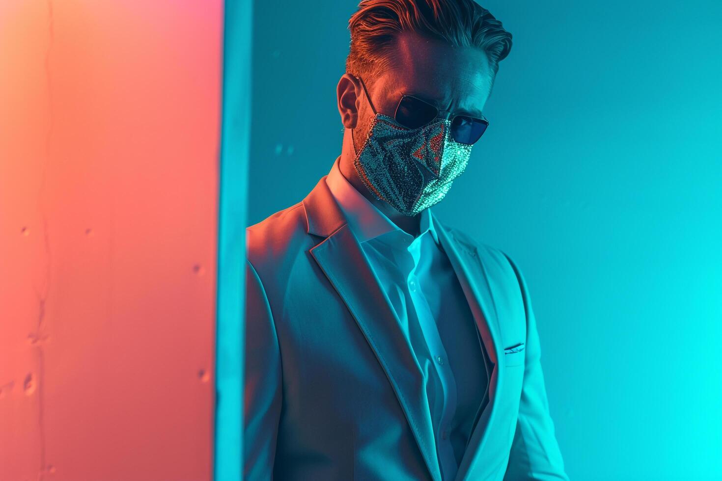 Male Fashion Model in Trendy Suit with Fashion Face Mask and Neon Teal Lifestyle portrait Background photo