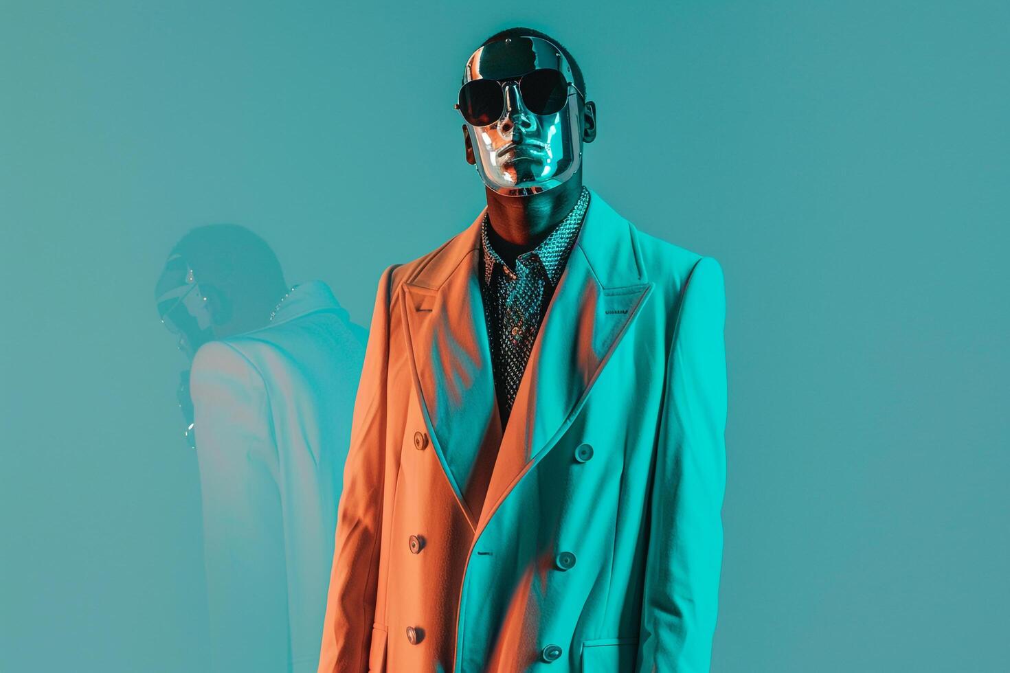 Neon Teal Lifestyle portrait Background Featuring Male Fashion Model in Trendy Overcoat with Fashion Face Mask photo