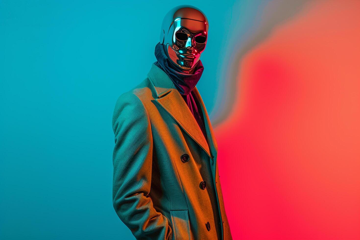 Male Fashion Model in Trendy Overcoat with Fashion Face Mask and Neon Teal Lifestyle portrait Background photo