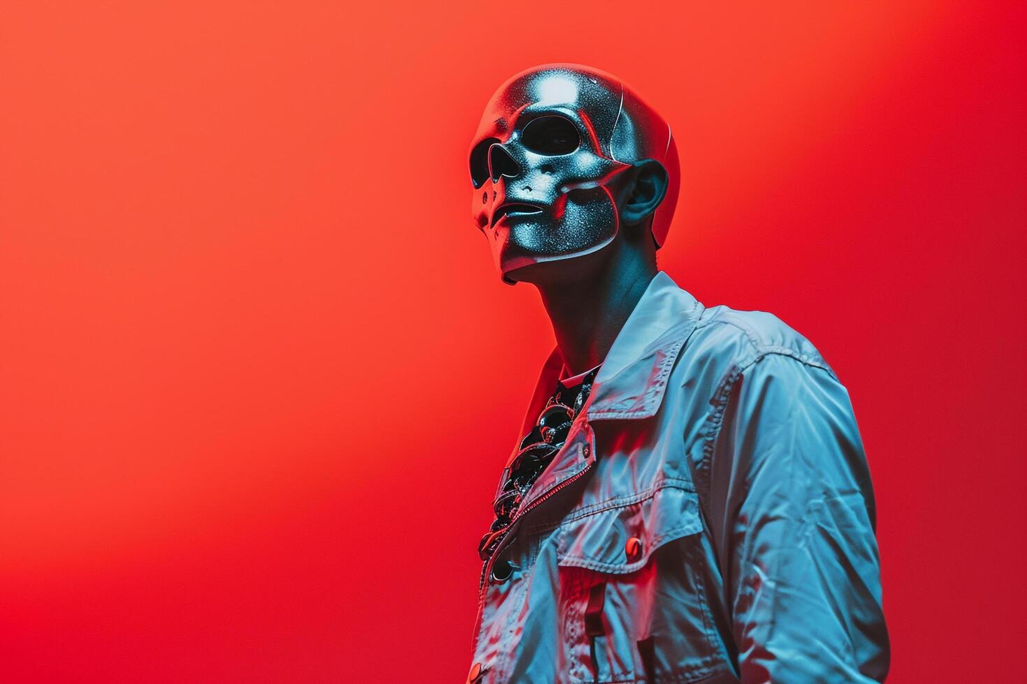Trendy Jacket with Males Fashion Face Mask Neon Coral Lifestyle portrait Background Cutting edge Style Bold and Modern Fashion photography photo