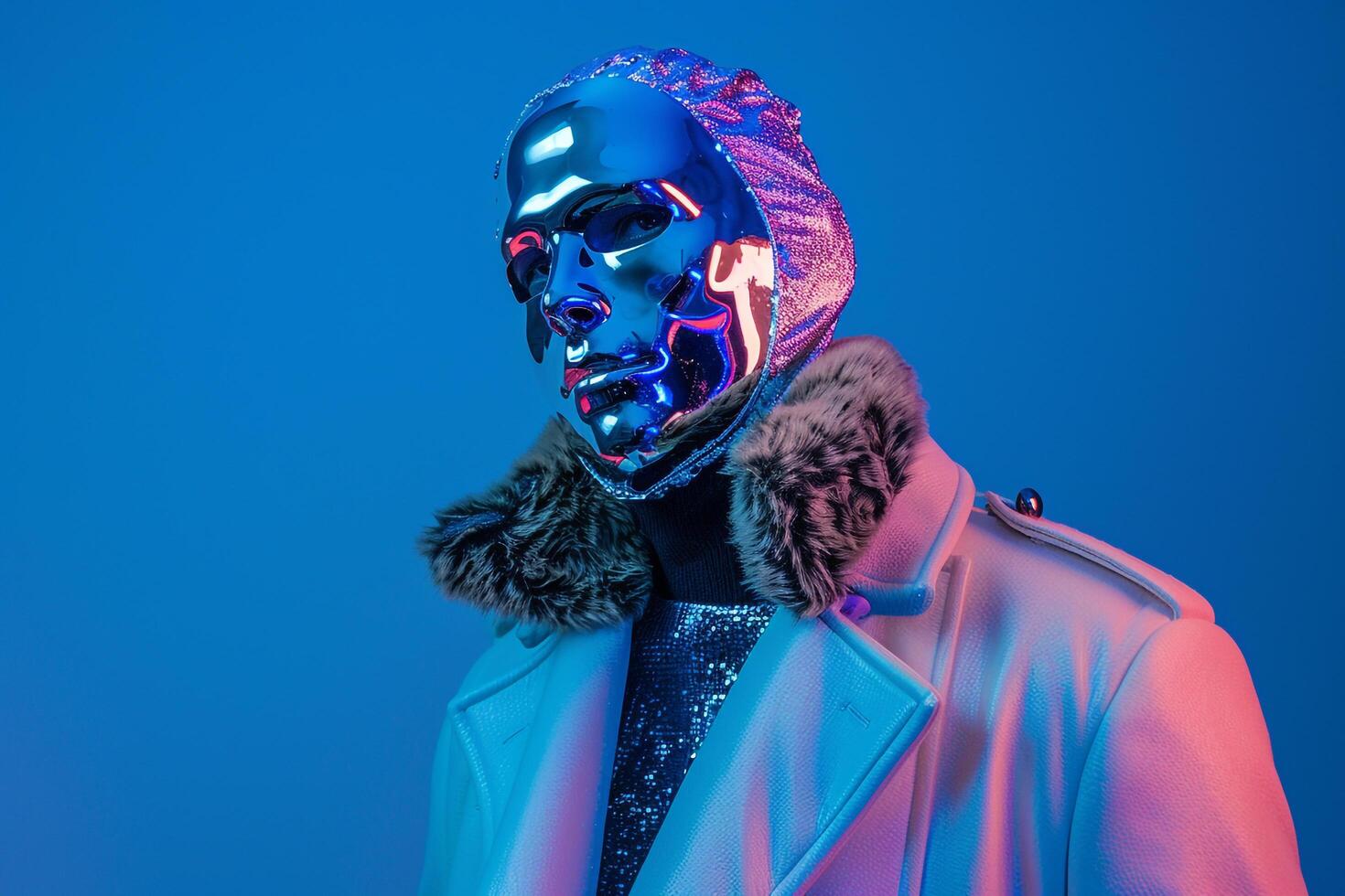 Trendy Overcoat with Males Fashion Face Mask Neon Blue Lifestyle portrait Background Contemporary photography with a Bold Blue Twist photo