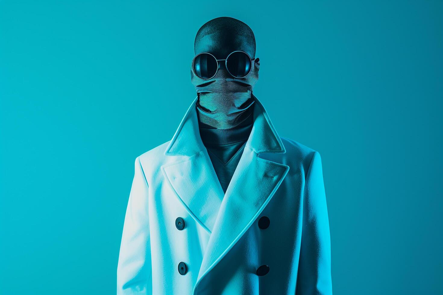 Trendy Overcoat with Males Fashion Face Mask Neon Teal Lifestyle portrait Background Fashionable photography with a Bold Teal Accent photo