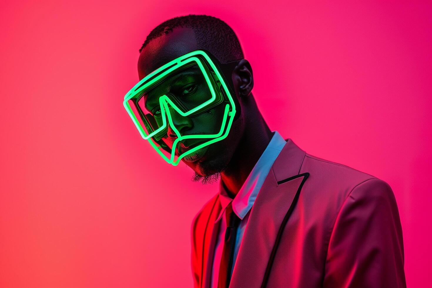 Casual Suit with Neon Green Sneaker Mask Neon Coral Lifestyle Males Fashion portrait Contemporary photography with a Bold Green and Coral Accent photo