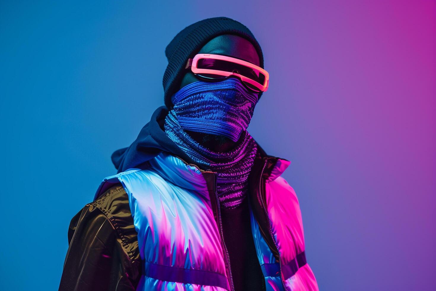 Casual Vest with Neon purple Ski Mask Neon Blue Lifestyle Males Fashion portrait Trendy Fashion photography with a Bold purple and Blue Theme photo