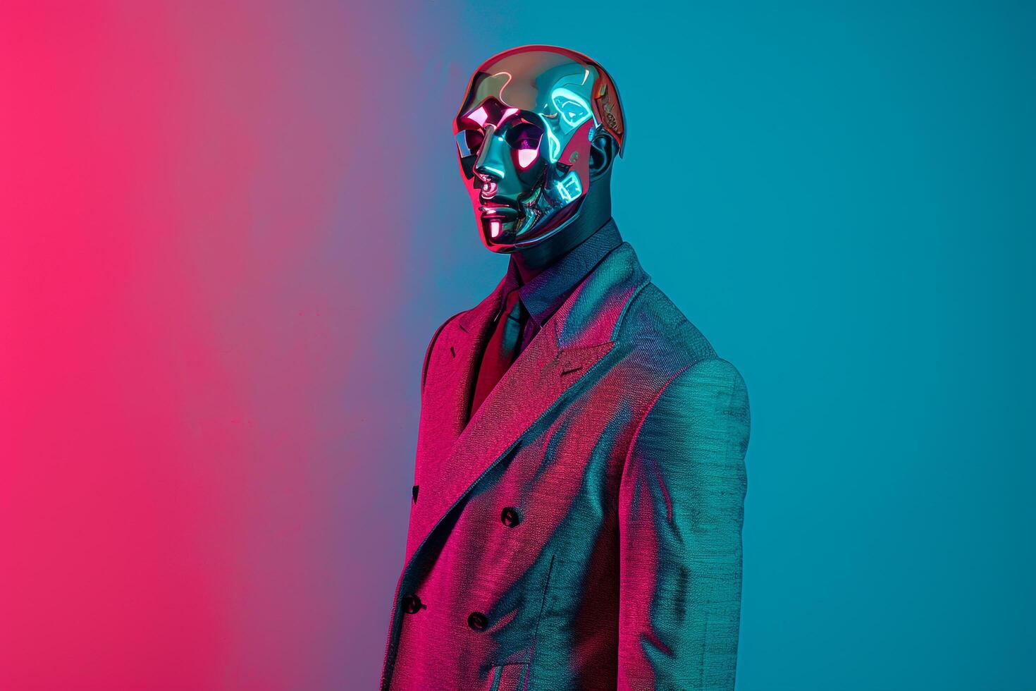 Trendy Overcoat with Males Fashion Face Mask Neon Teal Lifestyle portrait Background Contemporary Fashion photography with a Teal Accent photo