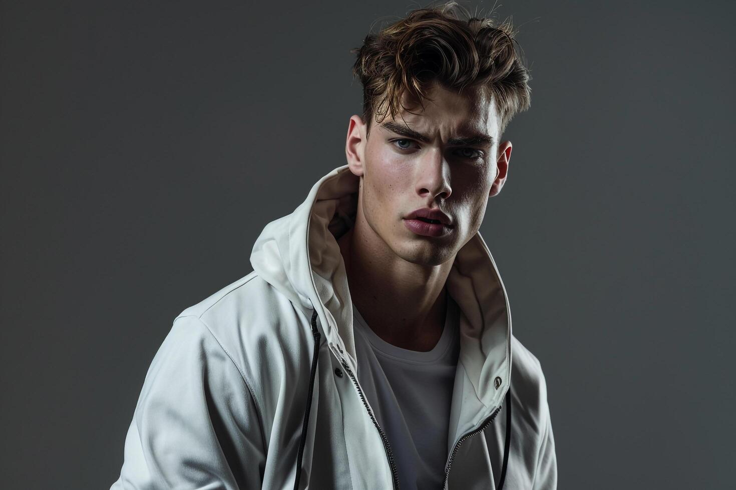 Stylish Zip Up Jacket Model Neutral Background Lifestyle portrait Highlighting Males Modern Fashion preferences photo