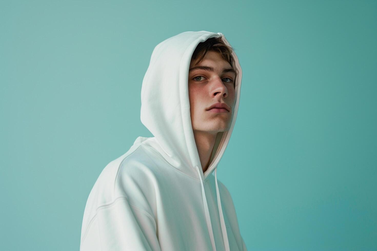 Handsome Fashion Model in Stylish Hoodie Soft Mint Background Full length Lifestyle portrait for Males Trendy Fashion photo