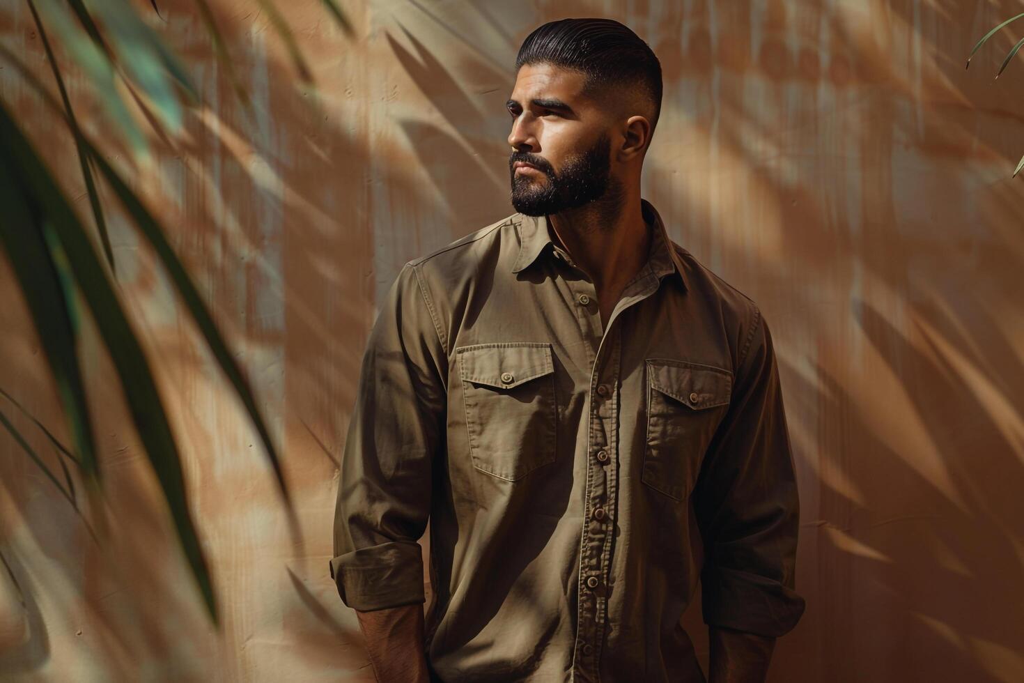 Trendy Long Sleeve Shirt Model in Soft Olive Background Lifestyle portrait emphasizing Stylish Males Wardrobe Options photo