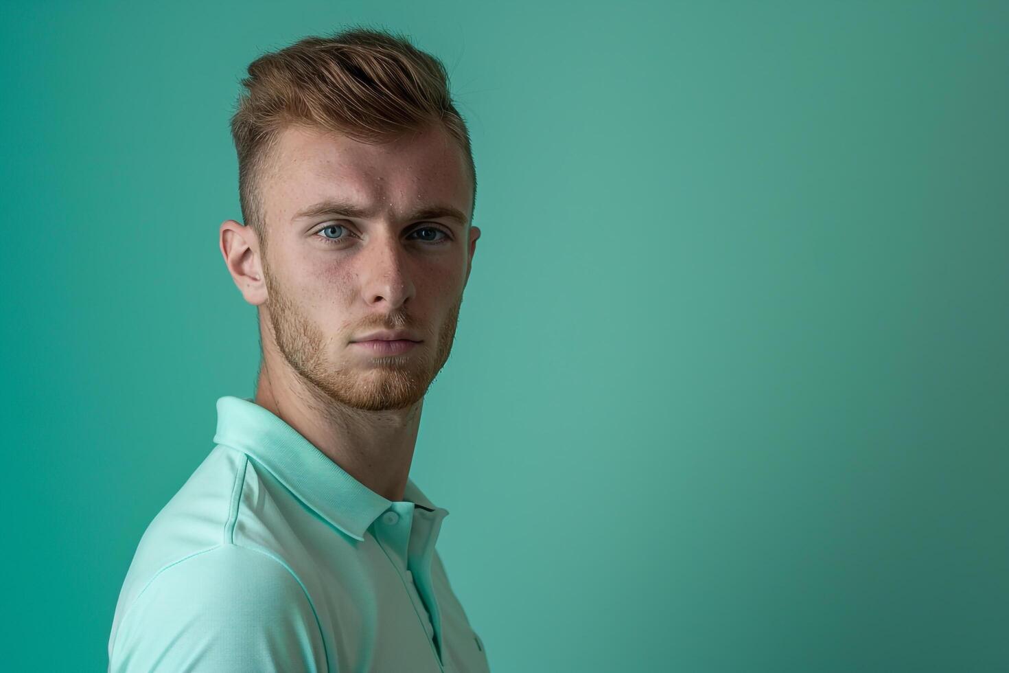 Stylish polo Shirt Fashion Model in Light Mint Background Full length Lifestyle portrait for Modern Males Wardrobe photo