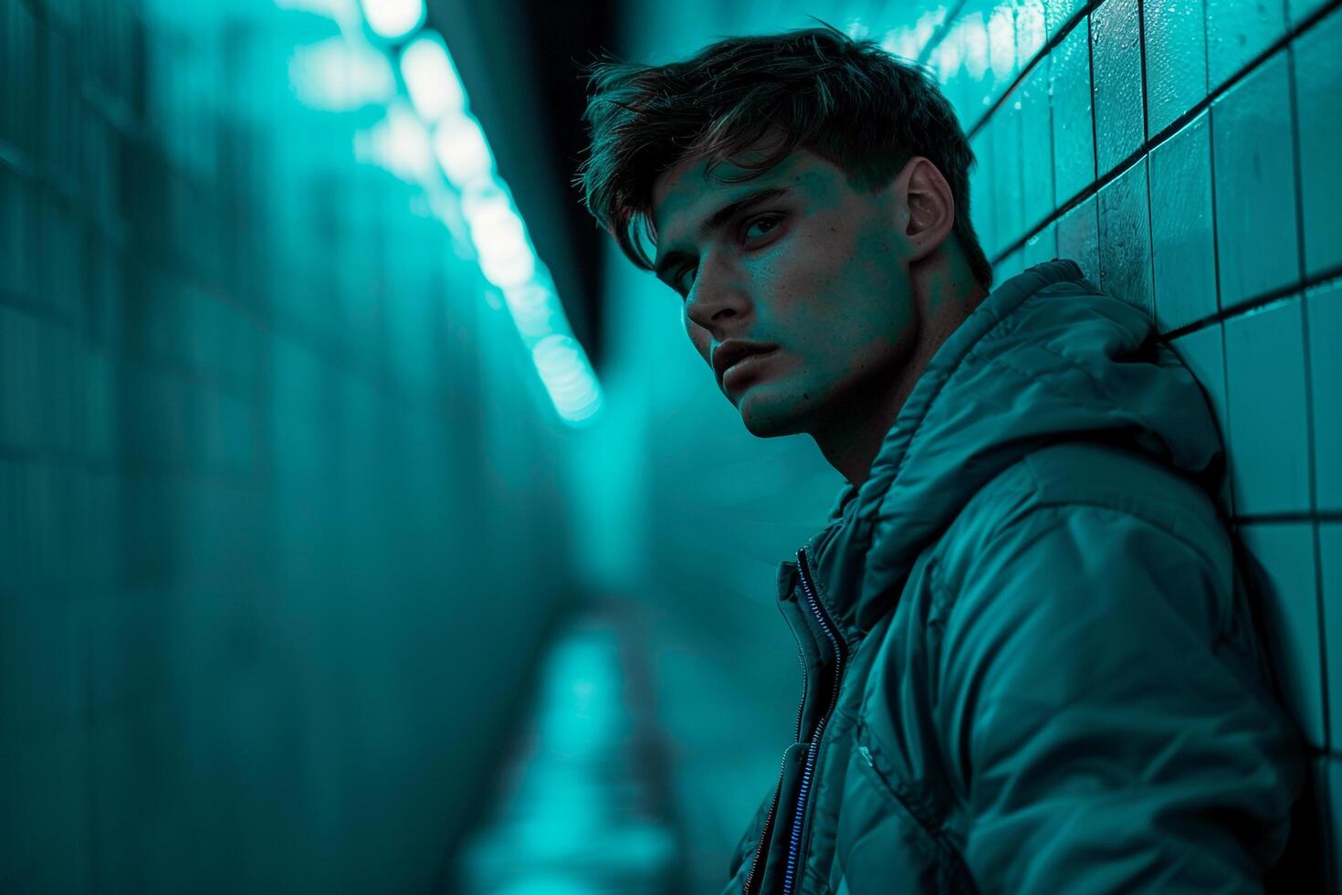 Trendy Zip Up Jacket Model in Jade Background Full length Lifestyle portrait Casual Males Fashion Look with Wall lean photo