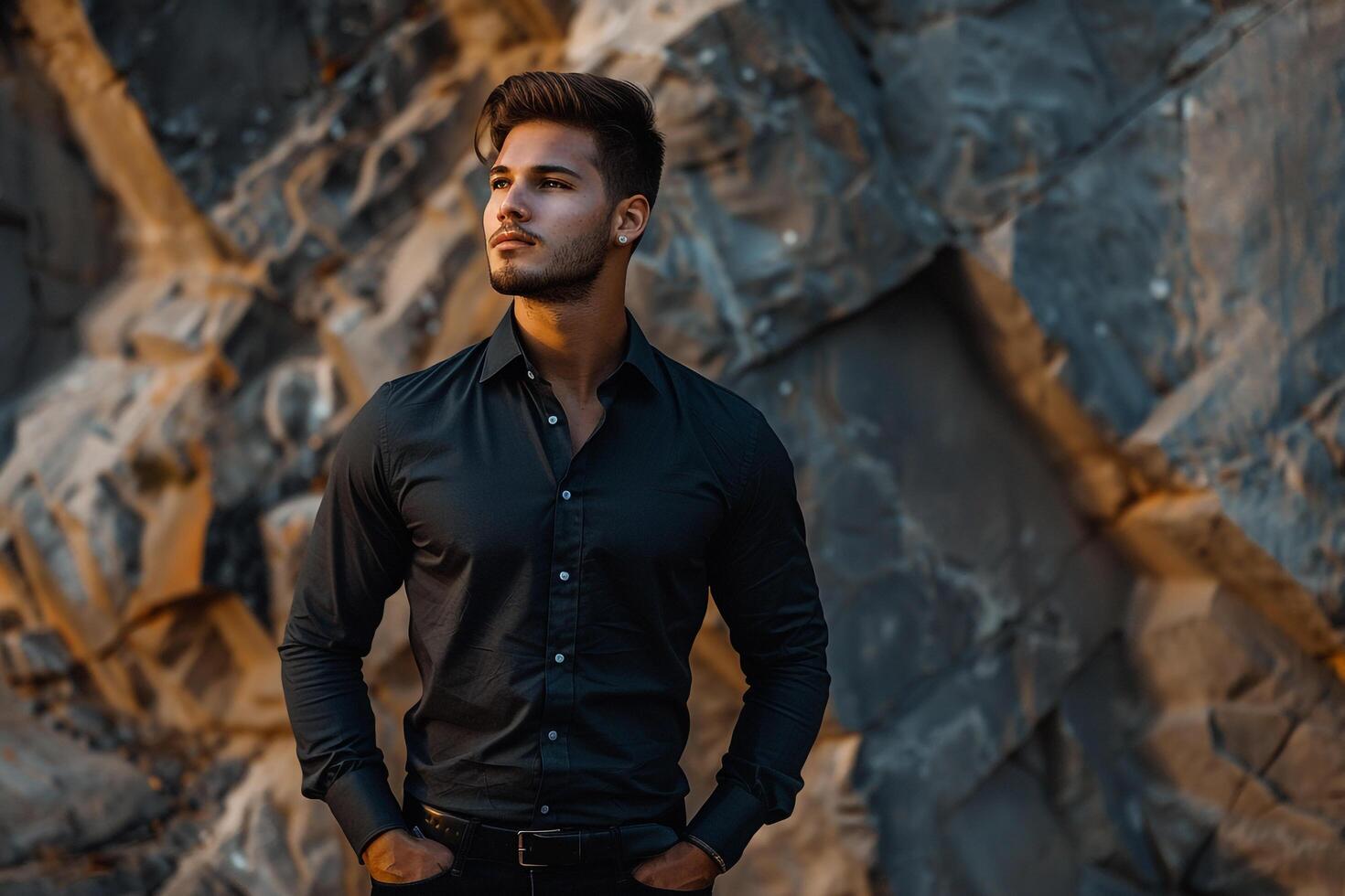 Fashion Model in Long Sleeve Shirt Stone Background Lifestyle portrait with Confident and Stylish presence photo