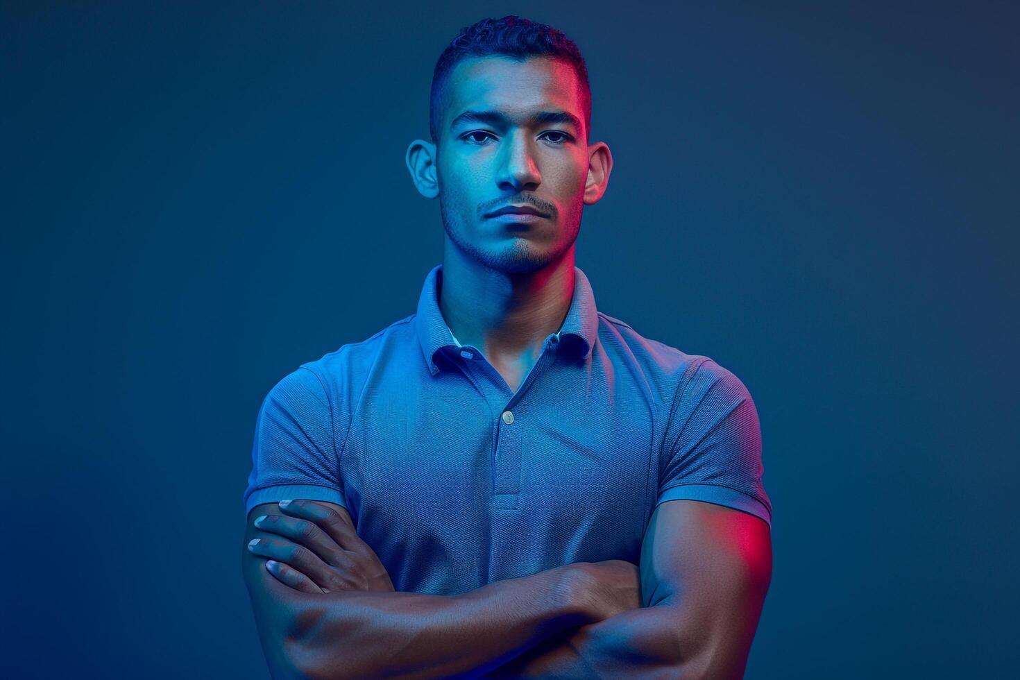 Trendy polo Shirt Fashion Model in Sapphire Blue Background Full length Lifestyle portrait with Stylish Standing pose photo