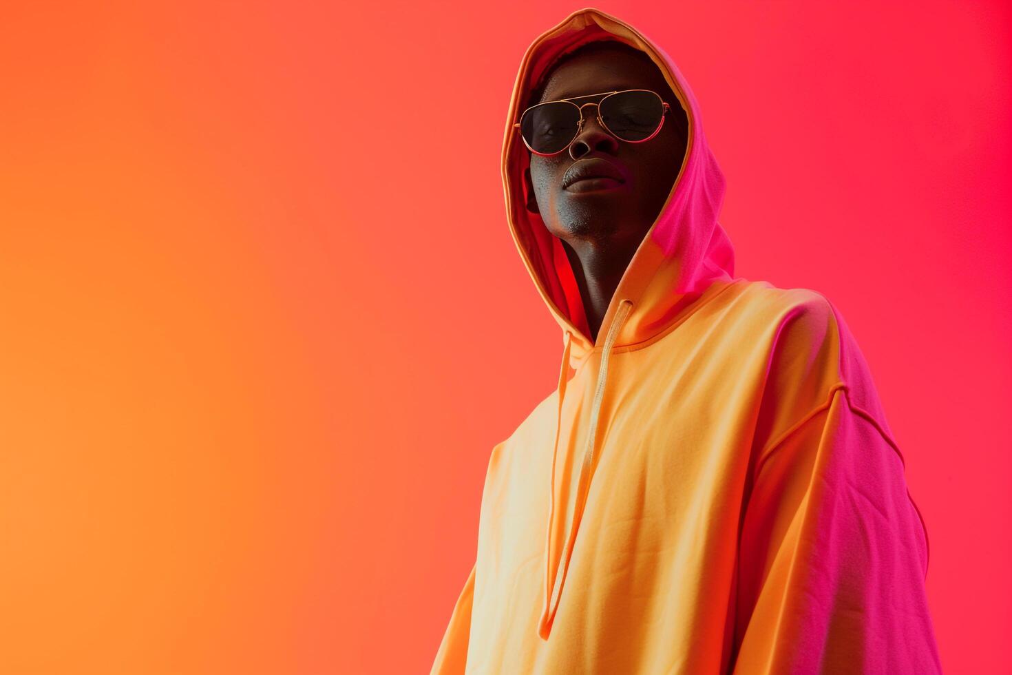 Stylish Hoodie Model in Bright Coral Background Full length Lifestyle portrait for Trendy Males Fashion photo