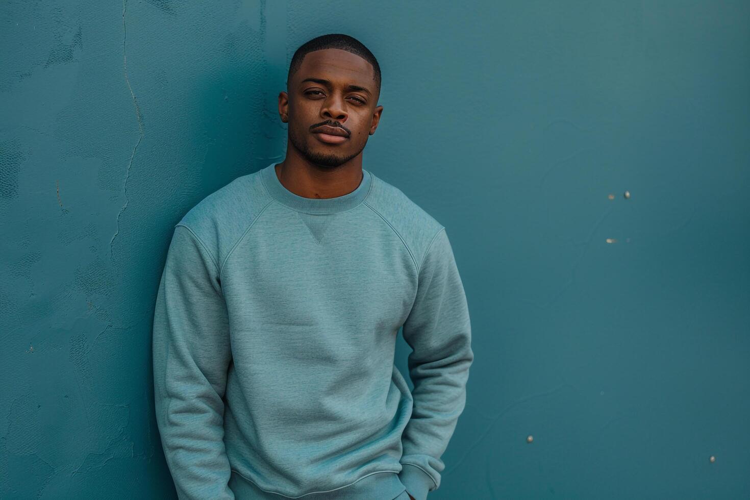 Handsome Fashion Model in Trendy Slate Blue Sweatshirt leaning Against a Wall Lifestyle portrait with Male Fashion Background photo