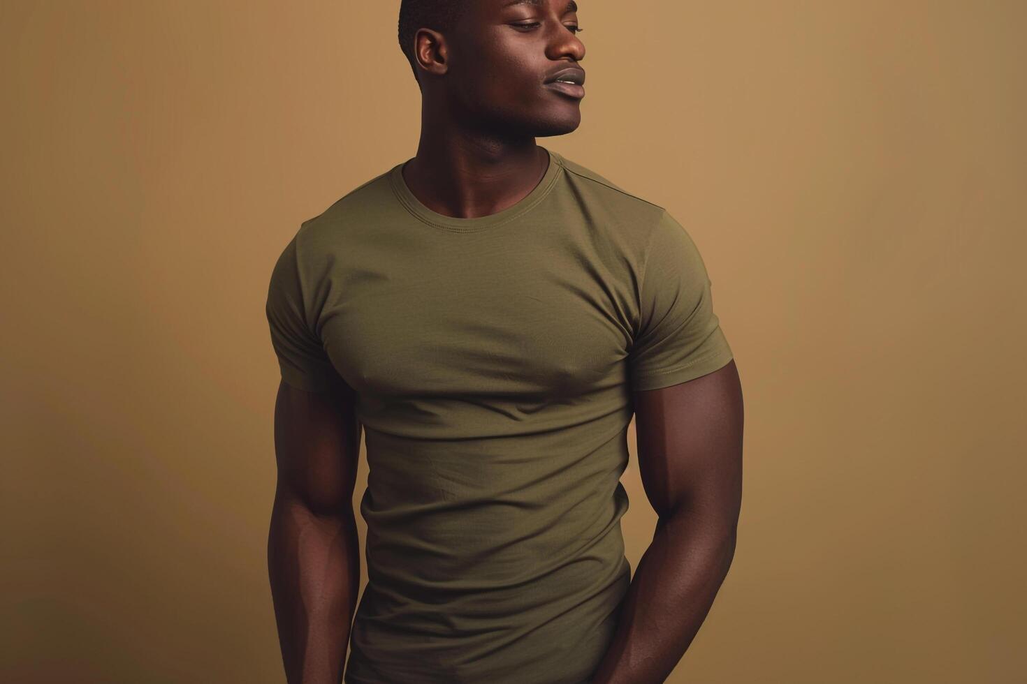 Timeless Olive T Shirt Fashion Model Handsome Male portrait with Lifestyle Background in Trendy Setting photo