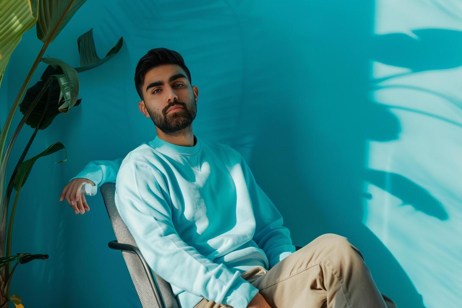 Comfortable Azure Sweatshirt Fashion Model Handsome leaning Against a Chair Lifestyle portrait with Trendy Male Background photo